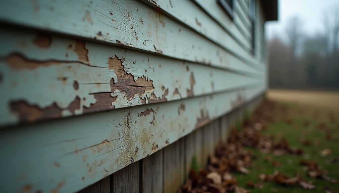 Lower corner of wooden exterior siding meeting the foundation with blistered paint and darkened damp wood