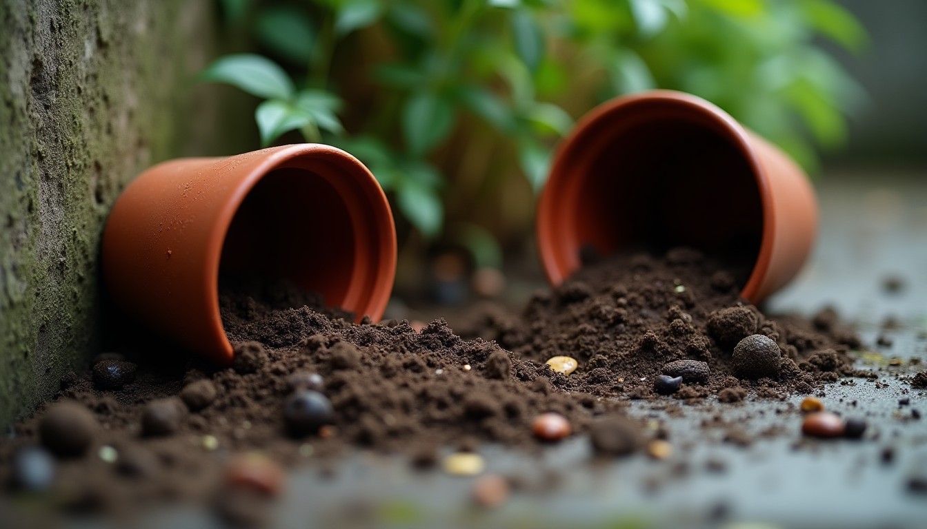 Upturned terracotta flowerpots lying on damp soil beside a garden wall
