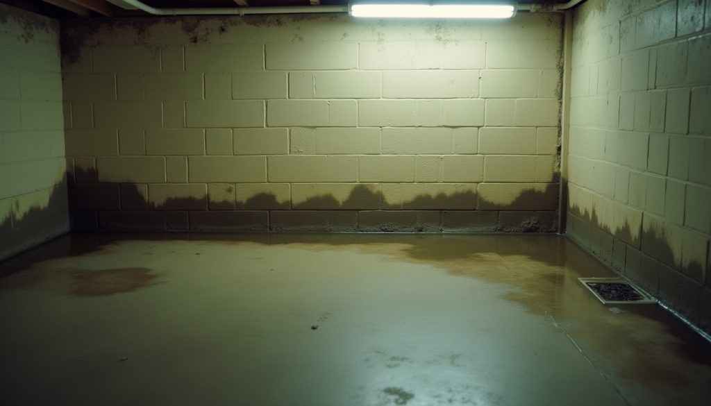 Damp concrete basement floor meeting a painted block wall with a dark water stain along the base
