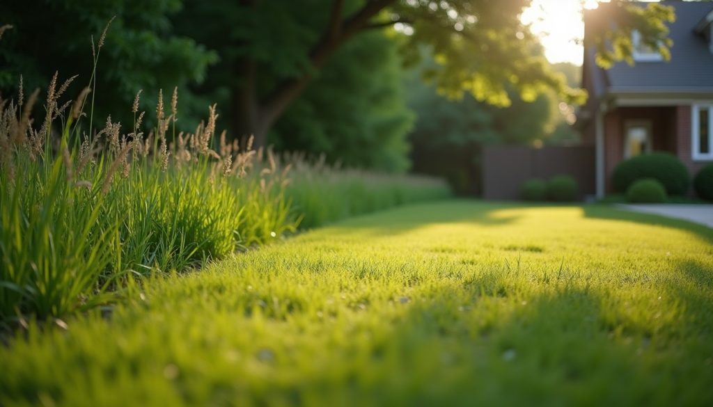Mown lawn meeting tall unmown grass and brush at the edge of a yard