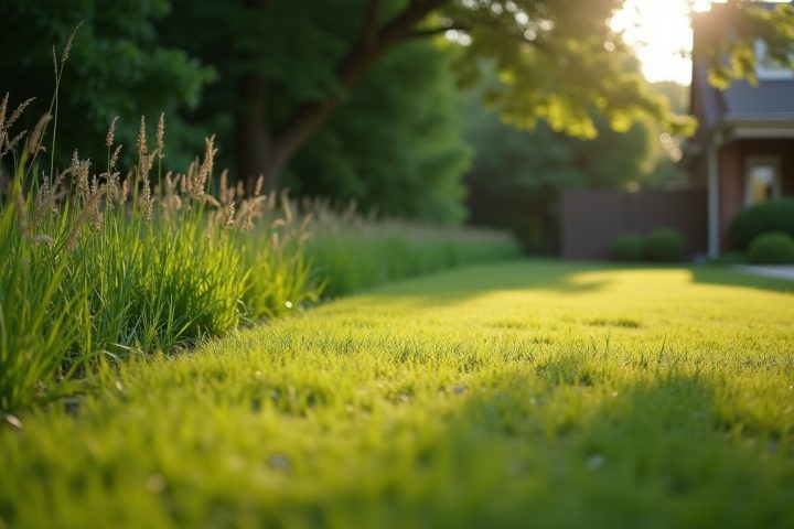 Mown lawn meeting tall unmown grass and brush at the edge of a yard