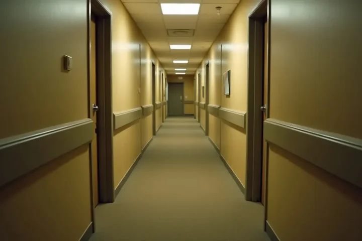 Corridor of an apartment building with identical doors receding, where pests move between adjoining units
