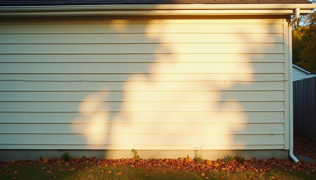 Sunlit pale clapboard wall on the south face of a house in strong low autumn light