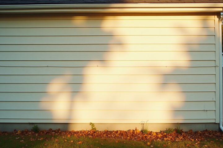 Sunlit pale clapboard wall on the south face of a house in strong low autumn light