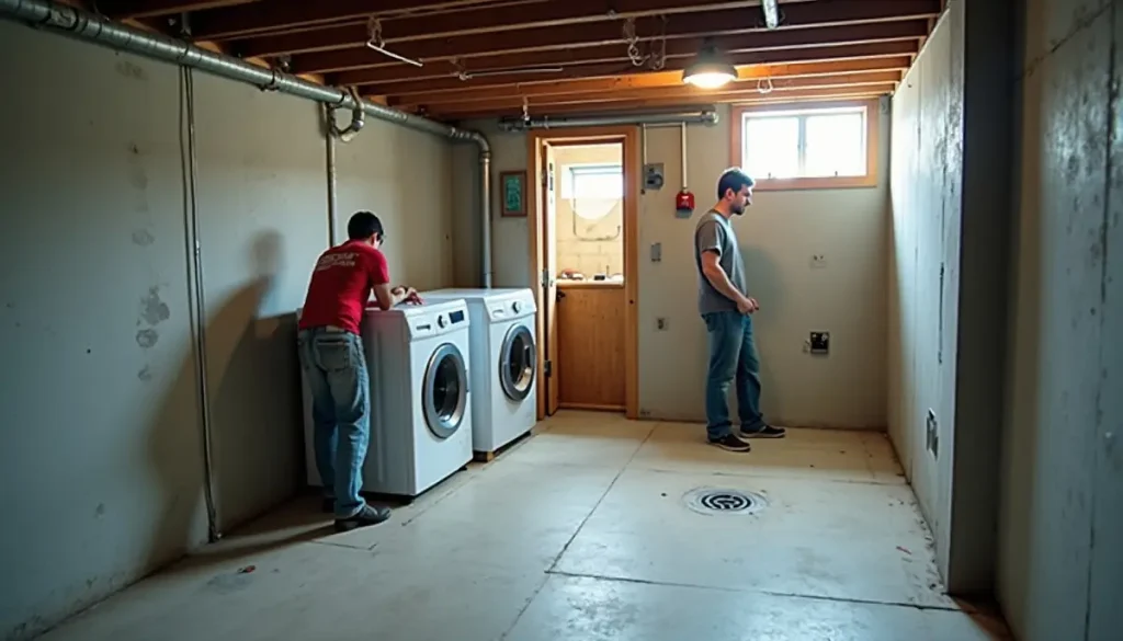 Unfinished basement with a floor drain and washing machines