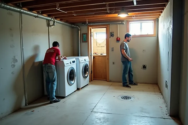 Unfinished basement with a floor drain and washing machines