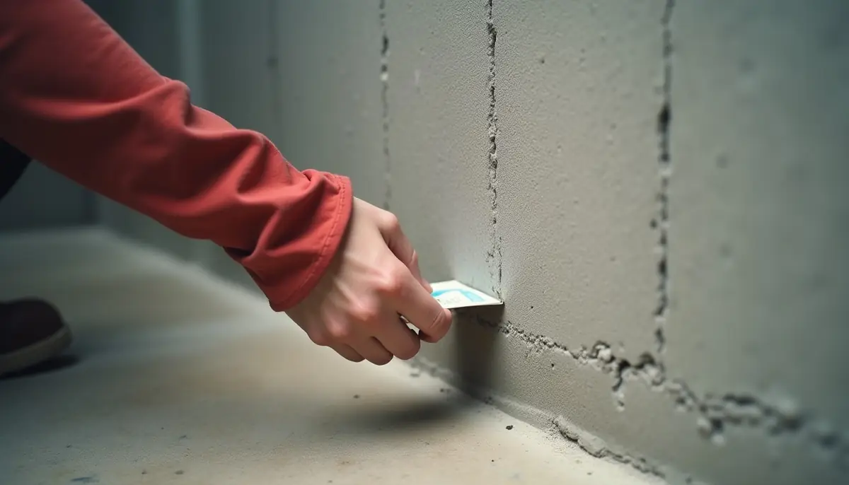 A hand placing a sticky trap card along a basement wall