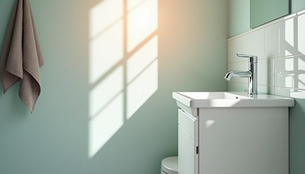 White bathroom sink and tiled wall in morning light