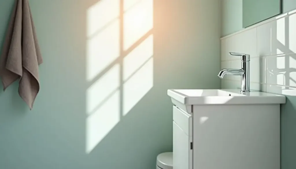 White bathroom sink and tiled wall in morning light