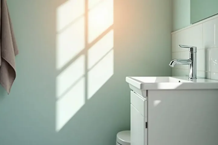 White bathroom sink and tiled wall in morning light