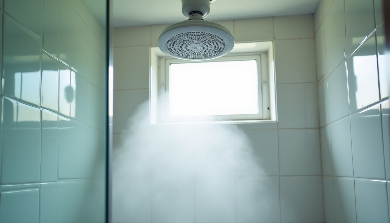 Bathroom extractor fan above a shower as steam clears