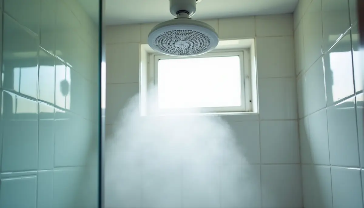 Bathroom extractor fan above a shower as steam clears
