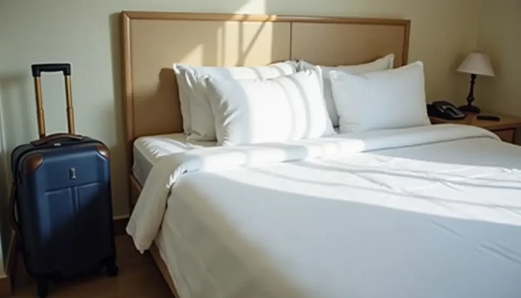 Made bed with white linen and a suitcase beside it