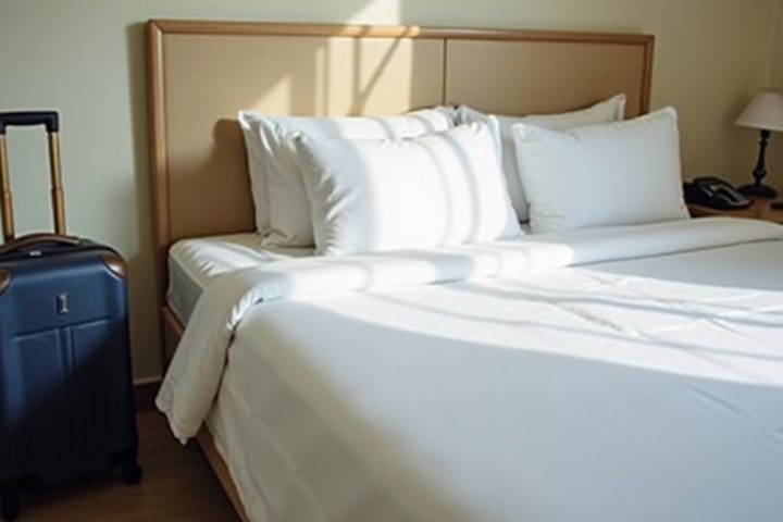 Made bed with white linen and a suitcase beside it