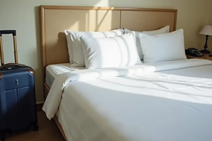 Made bed with white linen and a suitcase beside it