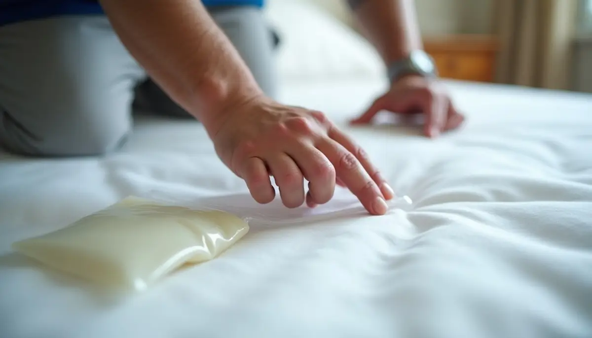 A hand pressing clear tape onto a mattress beside a small plastic bag