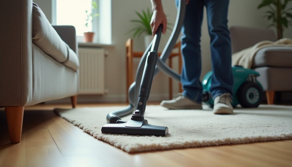 Person vacuuming along the edge of a living room rug
