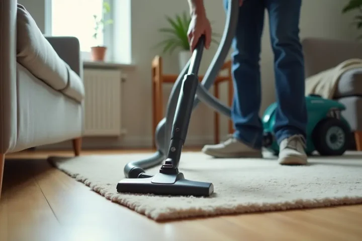 Person vacuuming along the edge of a living room rug