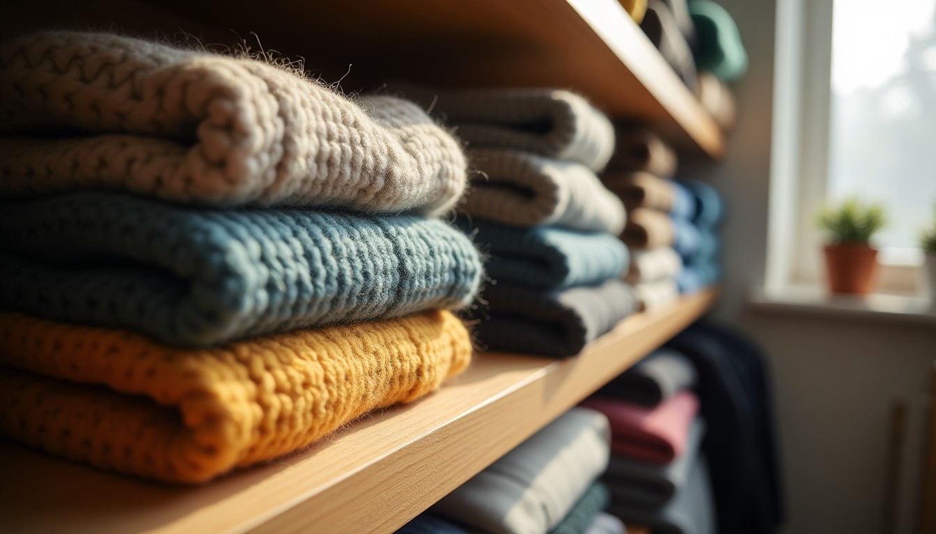 Wool sweaters folded on an open closet shelf