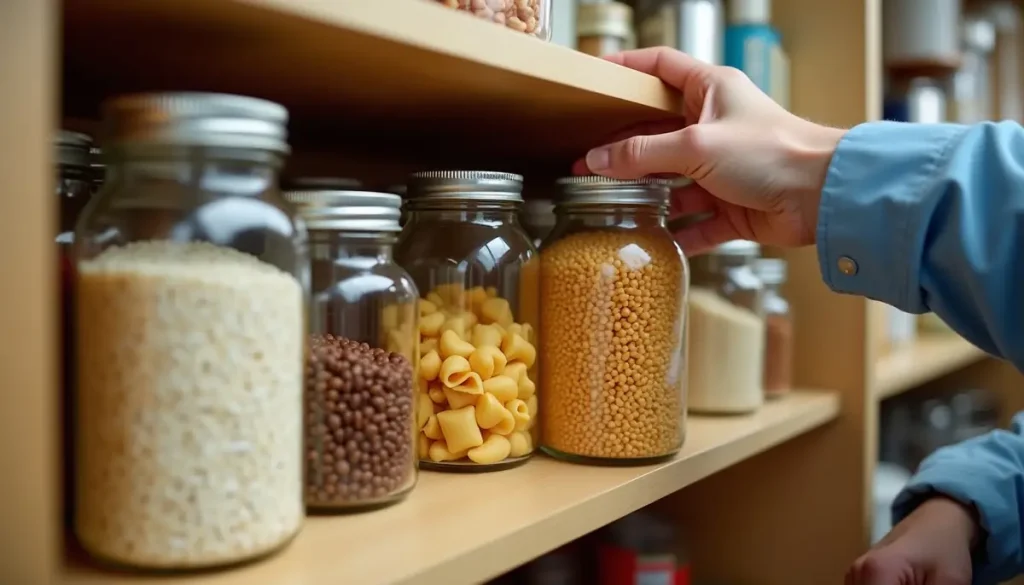 Hand lifting a glass storage jar from a pantry shelf of rice, pasta and beans