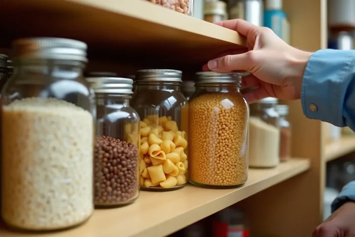 Hand lifting a glass storage jar from a pantry shelf of rice, pasta and beans