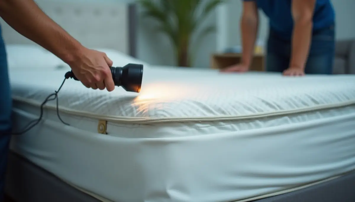 A hand shining a flashlight along a mattress seam