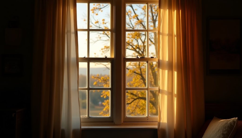 Sunlit farmhouse bedroom window in late autumn