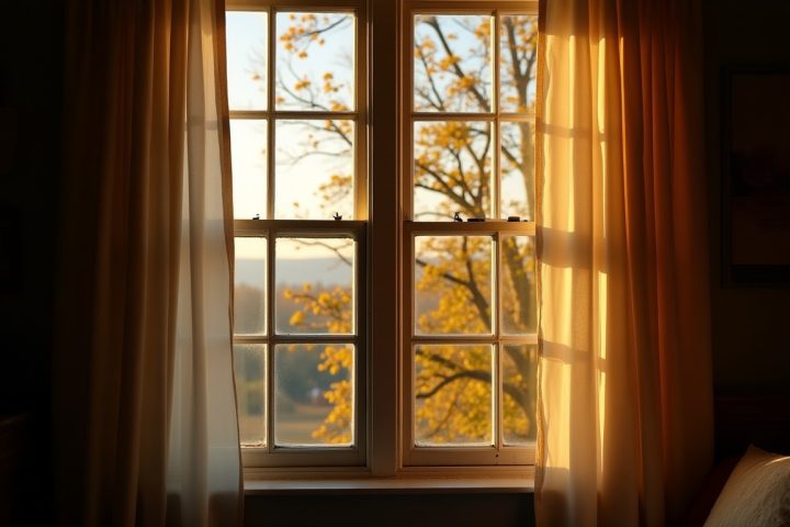 Sunlit farmhouse bedroom window in late autumn
