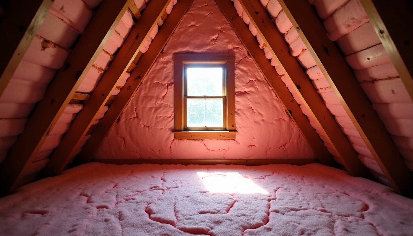 An empty attic with exposed rafters and insulation lit by a gable window