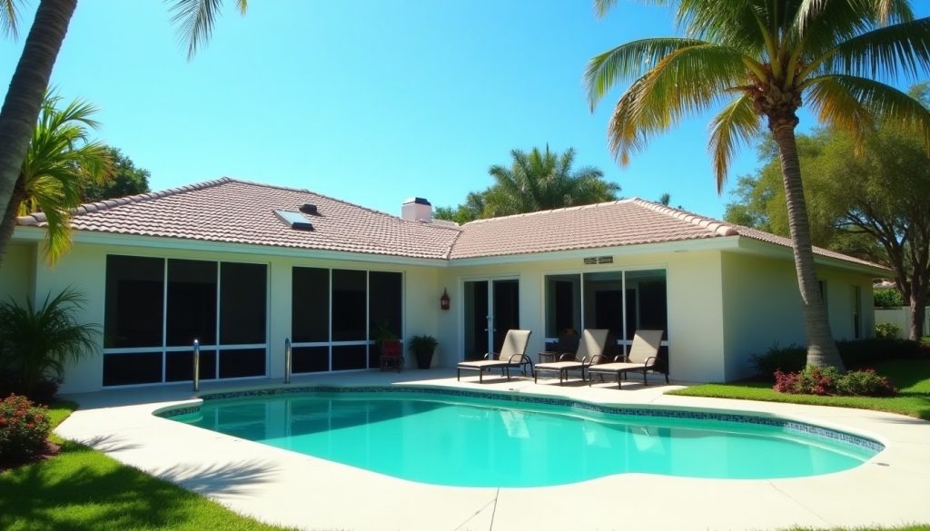 Florida house with a screened pool enclosure and palm trees