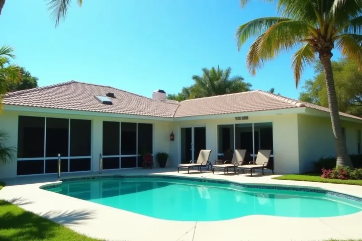 Florida house with a screened pool enclosure and palm trees