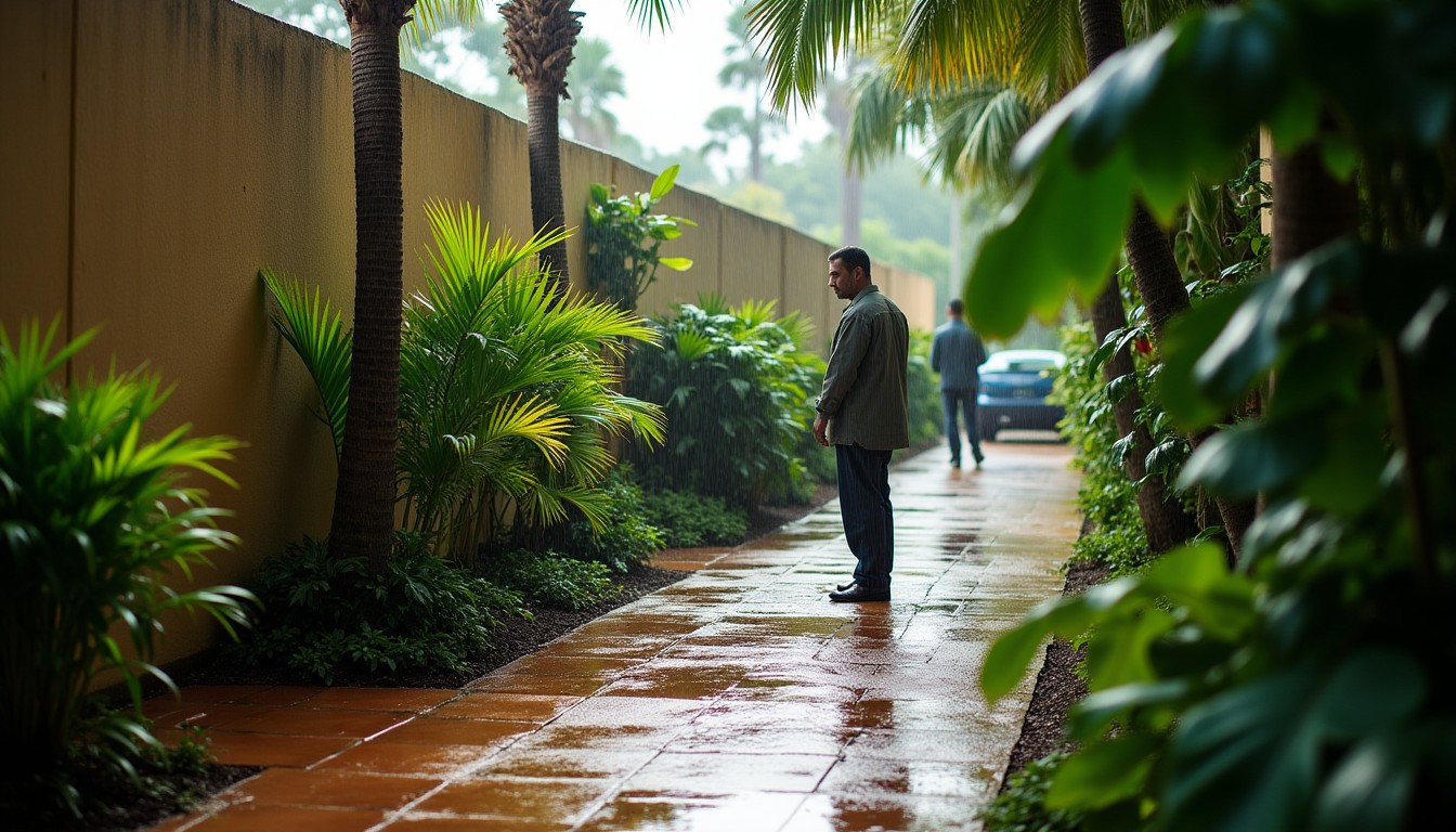 Lush tropical planting beside a stucco house wall after a thunderstorm
