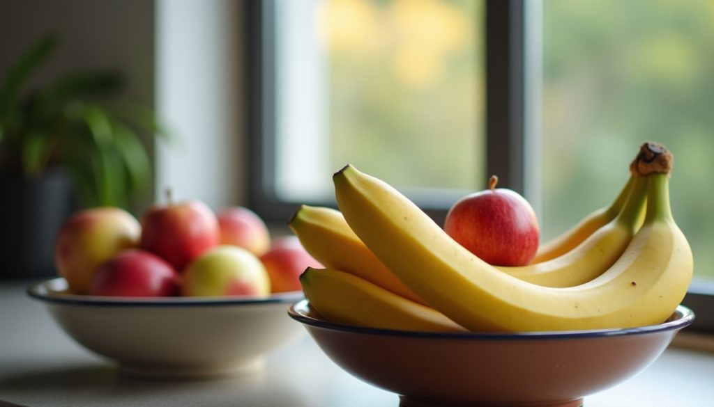 Bowl of bananas and apples on a kitchen counter by a window