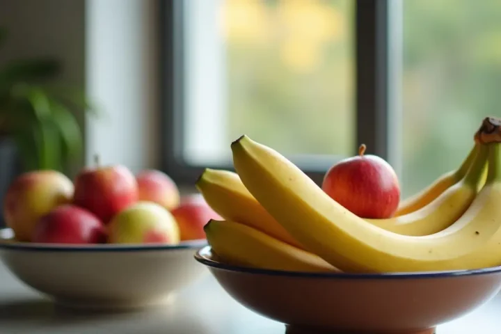 Bowl of bananas and apples on a kitchen counter by a window