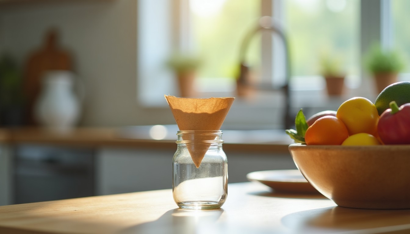 A small jar trap with a paper funnel beside a fruit bowl
