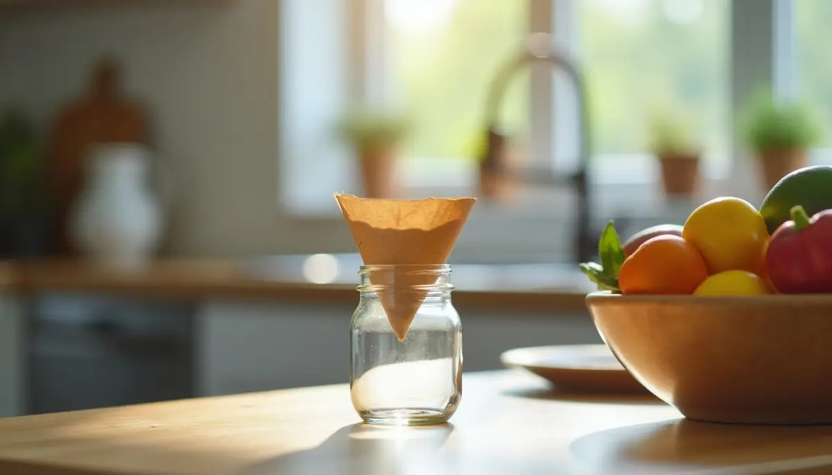 A small jar trap with a paper funnel beside a fruit bowl
