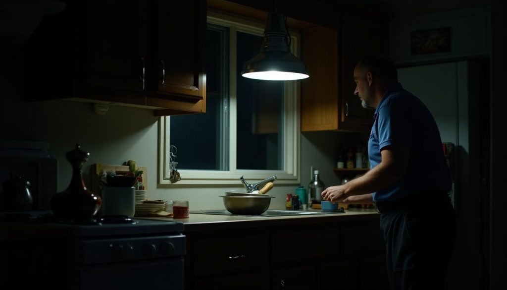 Kitchen at night lit by the light under the range hood
