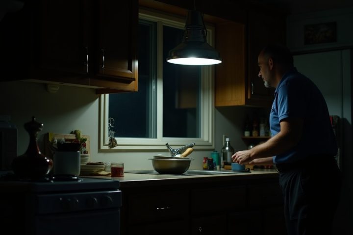 Kitchen at night lit by the light under the range hood