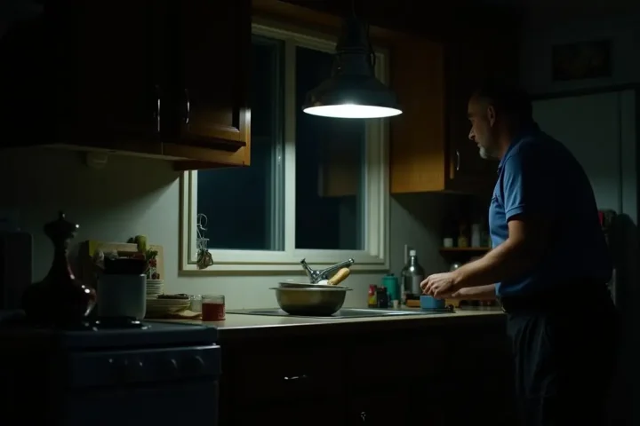 Kitchen at night lit by the light under the range hood