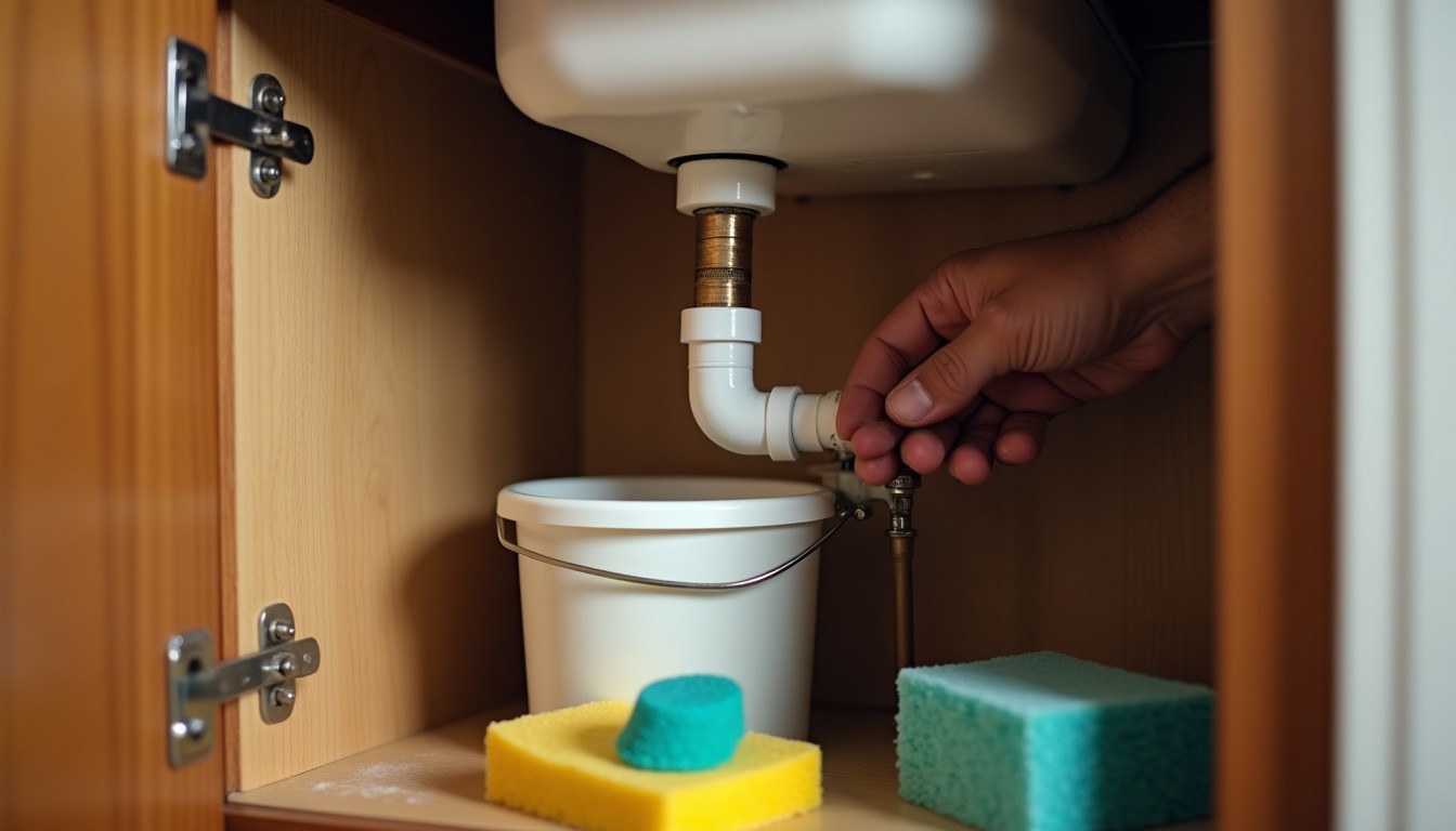 Open cupboard under a kitchen sink with a hand checking a pipe joint