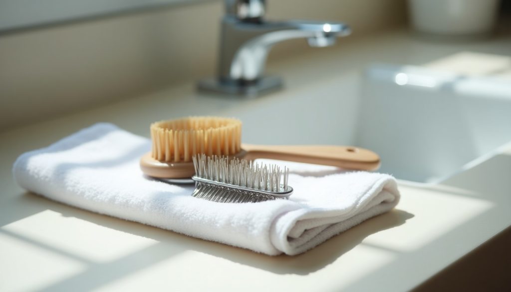 Fine-toothed metal nit comb and a hairbrush on a towel beside a sink