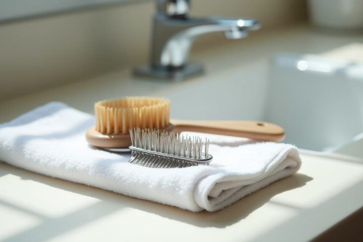 Fine-toothed metal nit comb and a hairbrush on a towel beside a sink