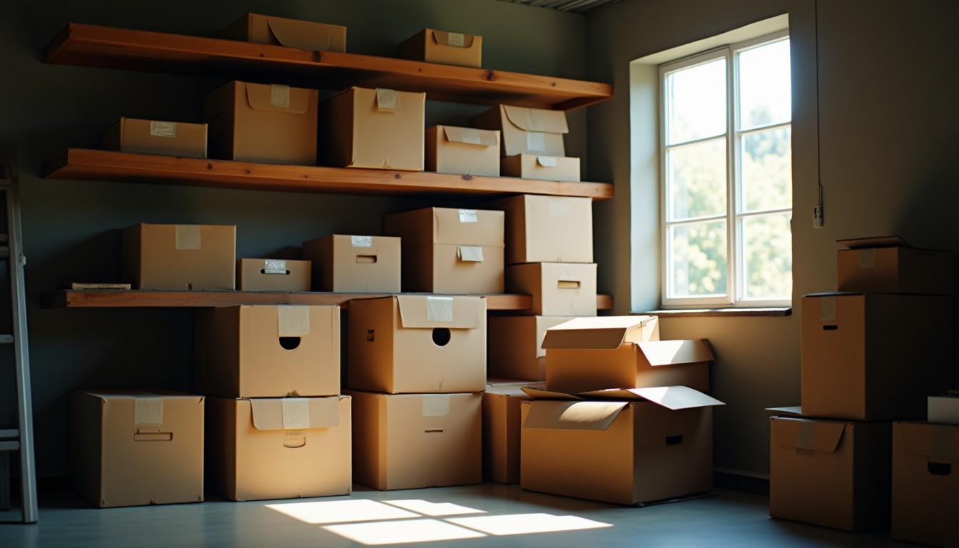 Old cardboard storage boxes on garage shelves