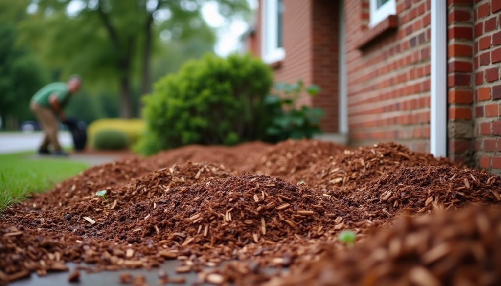 Wood-chip mulch bed against a brick house foundation