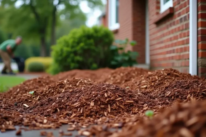 Wood-chip mulch bed against a brick house foundation