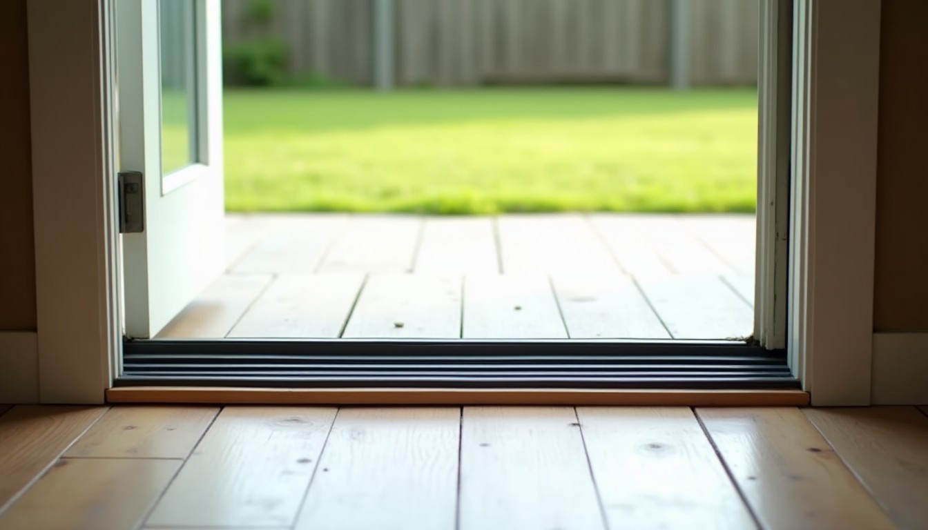 A patio door threshold with a rubber door sweep