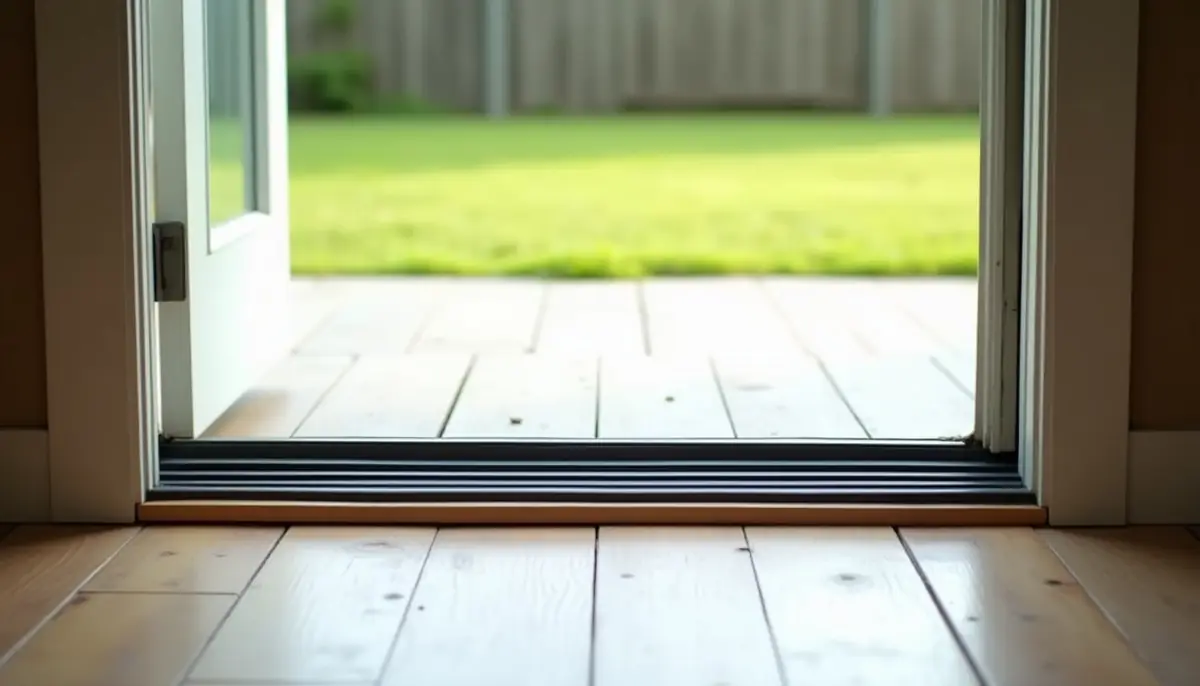 A patio door threshold with a rubber door sweep