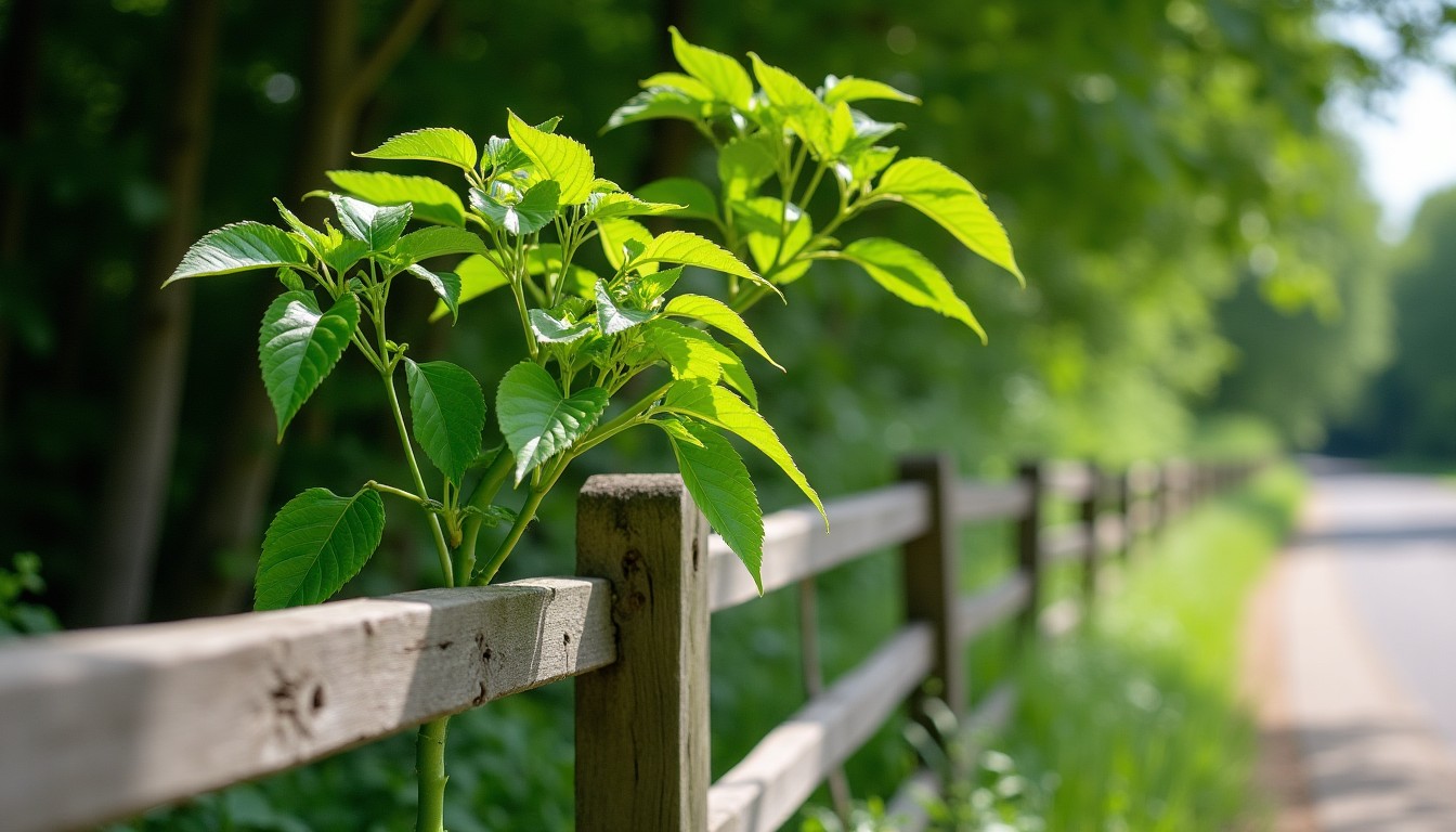 Young saplings growing along a weathered wooden fence beside a country lane