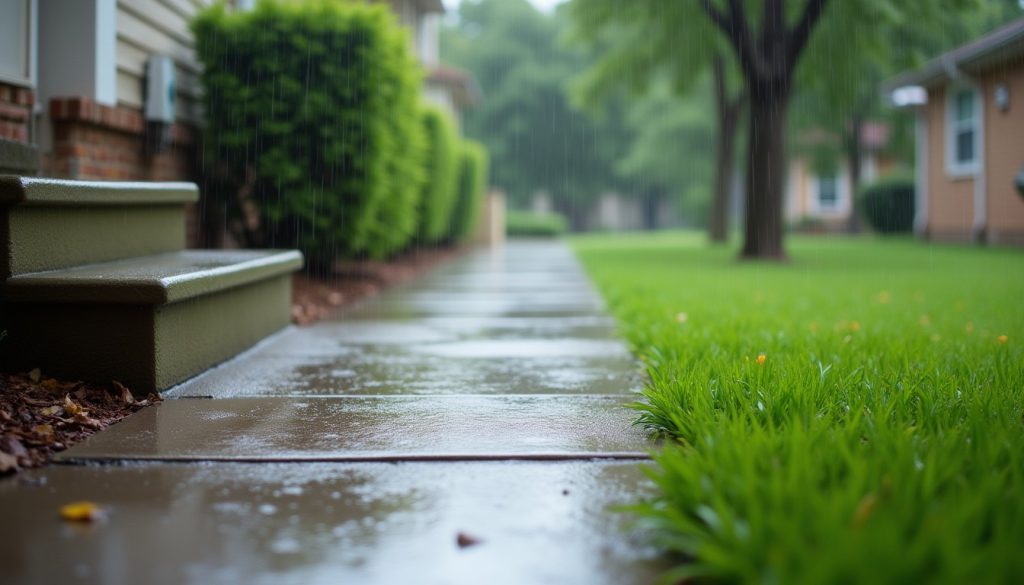 Rain-wet front path and lawn of a suburban house
