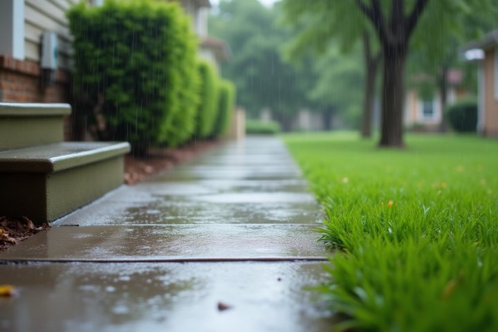 Rain-wet front path and lawn of a suburban house